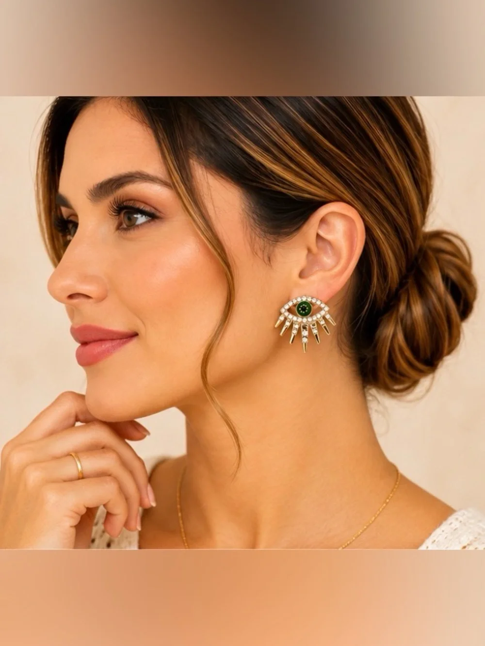 Green Evil Eye Rhinestone Gold-Tone Statement Stud Earrings